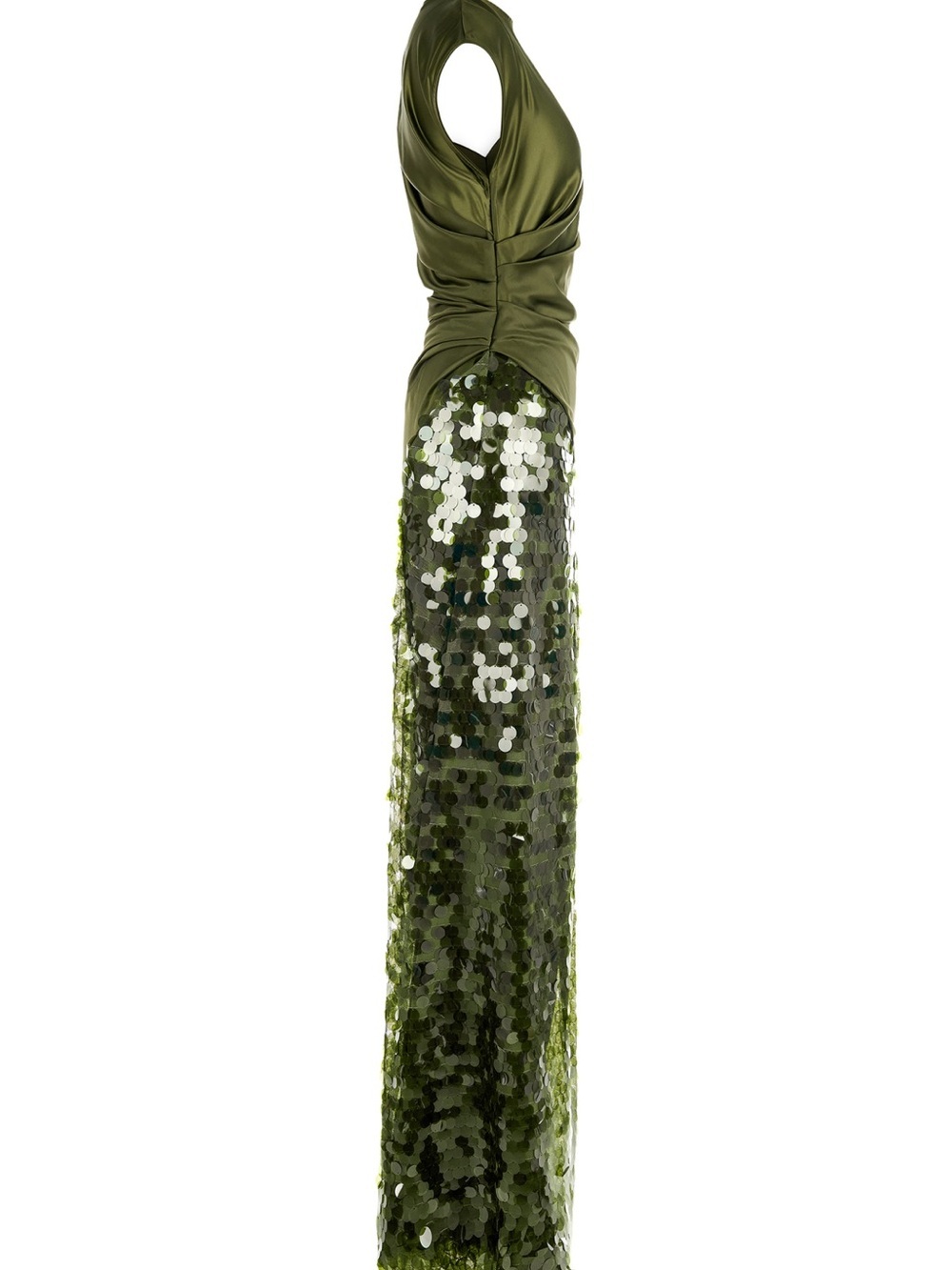 Violet Aurora Olive Green Sequin Satin High Slit Formal Gown Size L NWT - Picture 7 of 11